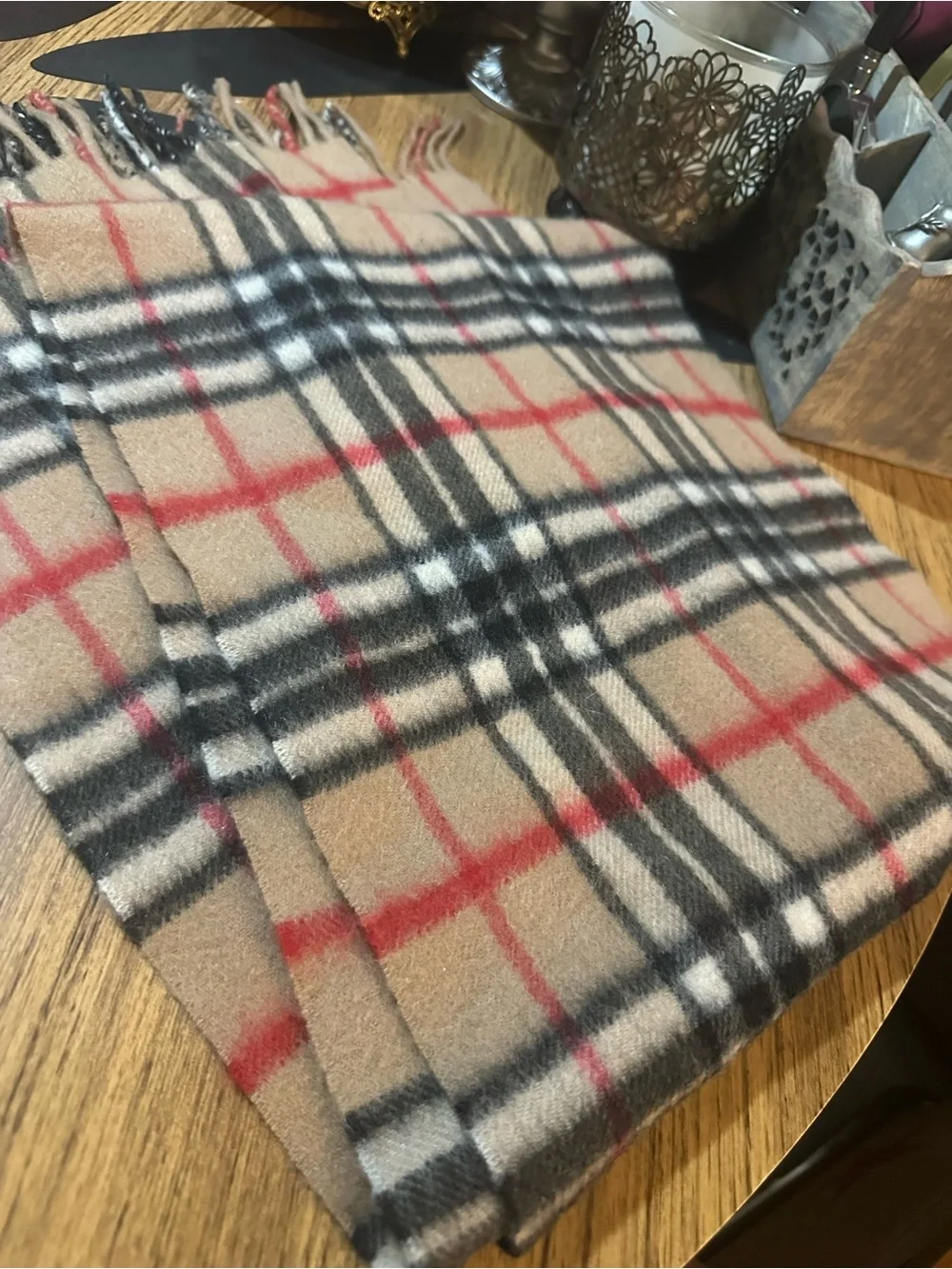 Beige Plaid Cashmere large scarf